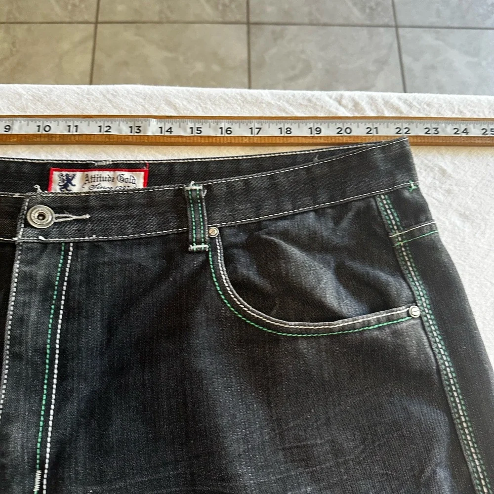 ATTITUDE GOLD MEN’S JEANS GREEN STICH Y2K PNTS SZ 44/32 - Picture 10 of 16